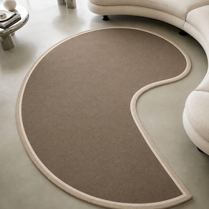 Organic Kidney Shape New Zealand Wool Rug, Handmade Modern Area Rug, Minimalist Taupe Carpet, Contemporary Curved Living Room Rug, Luxury.