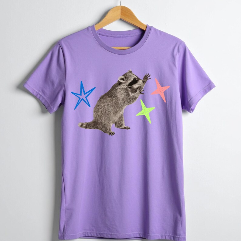 May include: A lilac-colored t-shirt featuring a raccoon graphic reaching for colorful stars. The raccoon is in shades of gray and brown, with a black mask. The stars are blue, pink, and green. The shirt is hanging on a wooden hanger.