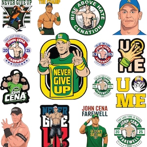 Puede incluir: Colección de pegatinas con John Cena en varias poses y diseños. Incluye textos como "Never Give Up", "The Champ" y "Farewell Tour". Las pegatinas muestran la imagen de Cena con colores llamativos y elementos gráficos.