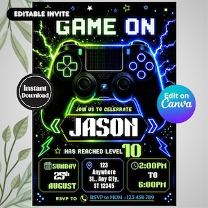 ゲーム誕生日招待状テンプレート、レベル10ゲーマー誕生日招待状、ビデオゲームパーティー招待状、編集可能なCanva招待状デジタルダウンロード