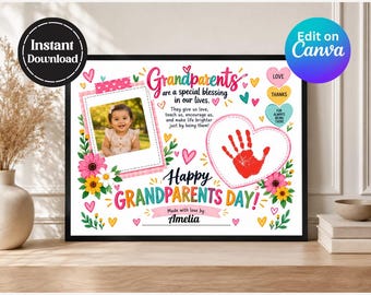 Stampabile per la Festa dei Nonni, Lavoretto con l'impronta della mano per la Festa dei Nonni, Ricordo fotografico, Modello Canva, Download immediato PNG PDF, Regalo per i Nonni