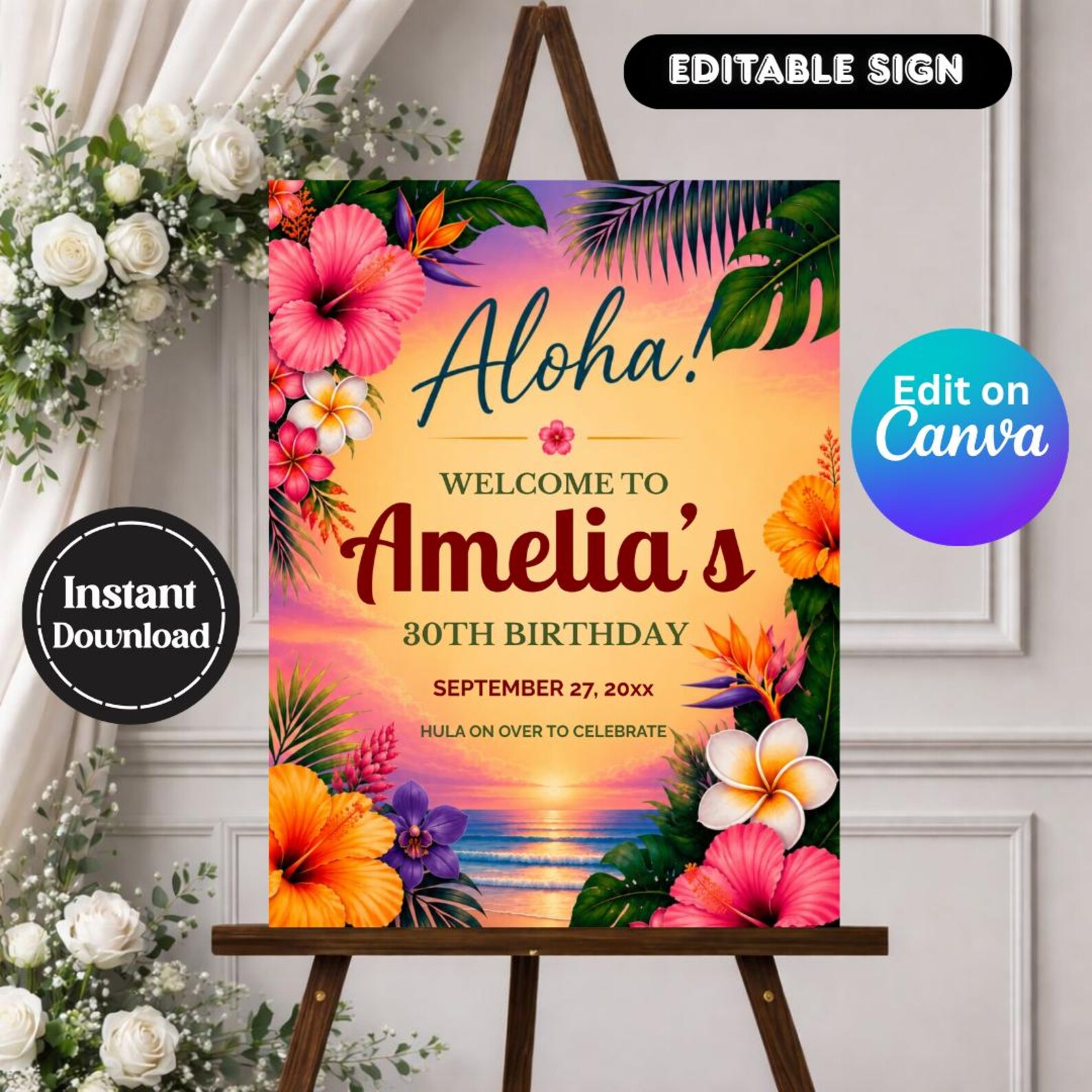 Aloha Birthday Welcome Sign Template, Hawaiian Luau Party Sign ...