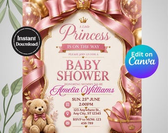 Little Princess Baby Shower Invitation Template, Pink Gold Baby Shower Invite, Girl Baby Shower Editable Canva Invitation