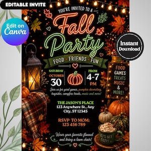 Op de afbeelding: Een digitale uitnodigingsflyer voor een herfstfeest met neon-stijl tekst zoals Fall Party, Food, Friends, Fun en evenementdetails. Het ontwerp bevat illustraties van pompoenen, een lantaarn, herfstbladeren en een mok warme chocolademelk.