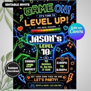 May include: A digital party invitation featuring a black background with neon-style graphics including two game controllers, lightning bolts, and stars. Text reads: GAME ON! IT'S TIME TO LEVEL UP! JASON'S LEVEL 10, SUNDAY 25TH AUGUST, 2:00PM TO 6:00PM.
