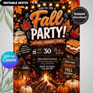 Könnte beinhalten: Eine digitale Einladung für eine Herbstparty mit Text, einem Glasgefäß mit Apfelwein, einem S'more, Kürbissen und einem Lagerfeuer. Das Design enthält Veranstaltungsdetails vor einem dunklen Hintergrund mit herbstlichen Blättern.