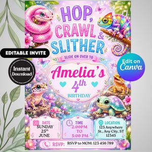 Puede incluir: Una invitación de cumpleaños digital con una serpiente rosa, un camaleón colorido, un gecko leopardo y una tortuga en un bosque mágico. El texto dice HOP, CRAWL & SLITHER, Amelia's 4th BIRTHDAY, e incluye campos para fecha, hora y ubicación.