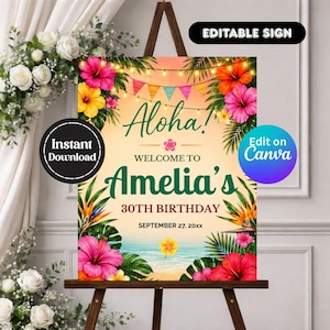 Aloha Birthday Welcome Sign Template, Tropical Birthday Party Sign, Hawaiian Luau Welcome Poster, Editable Canva Beach Party Decor Digital