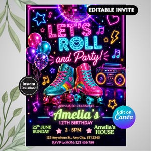 Może przedstawiać: Cyfrowe zaproszenie w stylu neonowym z wrotkami, kulą dyskotekową i boomboxem. Tekst zawiera LET'S ROLL and Party, Amelia's 12th Birthday, 25th June Sunday, 2-5PM, Amelia's HOUSE, 123 Any St, Any City, ST 12345, RSVP to MOM: 123 456 789.