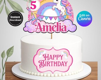 Unicorn Cake Topper Template, Editable Rainbow Birthday Cake Decoration, Personalized Unicorn Party Decor, Canva template digital download