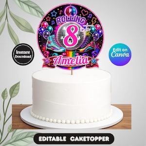 Modèle de décoration de gâteau de patinage à roulettes, rouler dans un gâteau d'anniversaire, décoration de fête de patinage, téléchargement numérique de patins à roulettes modifiables
