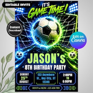 サッカー誕生日招待状テンプレート、フットボール誕生日パーティー招待状、編集可能なCanvaサッカー招待状、スポーツ誕生日招待状デジタルダウンロード