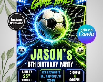 Soccer Birthday Invitation Template, Football Birthday Party Invite, Editable Canva Soccer Invite, Sports Birthday Invite digital download