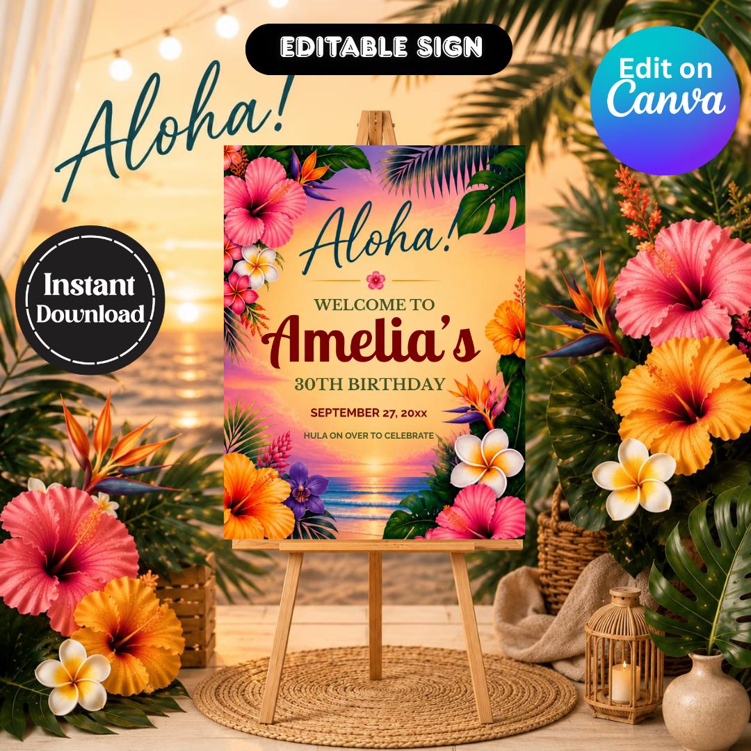 Aloha Birthday Welcome Sign Template, Hawaiian Luau Party Sign ...