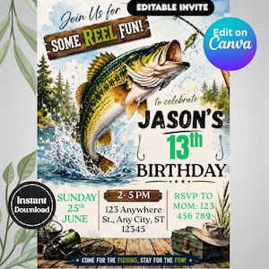 Może przedstawiać: Szablon zaproszenia na urodziny z dużym zielonym okoniem wyskakującym z wody. Tekst zawiera: Join Us for SOME REEL FUN!, JASON'S 13th BIRTHDAY, SUNDAY 25th JUNE, 2-5 PM, 123 Anywhere St., Any City, ST 12345, oraz RSVP TO MOM: 123 456 789.