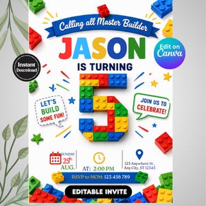 May include: A birthday invitation template featuring the text Calling all Master Builder JASON IS TURNING 5 with a large number five constructed from colorful plastic building blocks. Includes event details, speech bubbles, and scattered block icons.