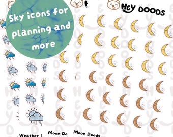 Weather Sleep Tracking Planner Stickers, Sun Moon Clouds Icons (Sheet)