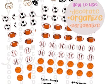 Custom Sports Ball Sticker Sheets for Journals and Planners | Soccer, Football, Baseball & Basketball