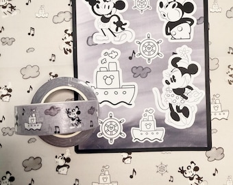Cinta adhesiva decorativa/papel vegetal/hoja de pegatinas de Mickey Mouse de Steamboat Willie - Papelería decorativa vintage con dibujos animados en blanco y negro