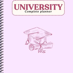 May include: A light pink spiral-bound planner with a dark pink graphic of a graduation cap and diploma in the center. The text UNIVERSITY Complete planner is printed in dark pink inside a dashed border. The text Missdigitaldiary is at the bottom.