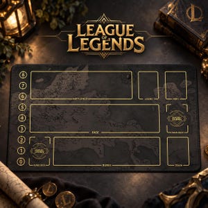 Peut inclure: Un tapis de jeu rectangulaire noir avec des contours et du texte dorés pour League of Legends. Le tapis comprend des zones désignées marquées Battlefield, Base, Legend, Hero, Main Deck, Runes Deck, Runes et Trash, avec une colonne numérotée de 0 à 8.