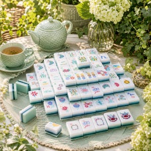 May include: A set of white mahjong tiles with colorful floral and character illustrations, featuring blue and green accents. The tiles are arranged in a tiered structure on a light green textured mat, accompanied by a matching teapot and teacup.
