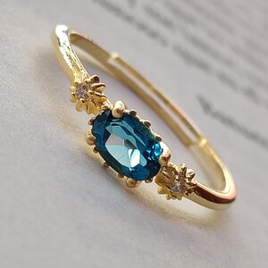 Blue Topaz Ring | Gold Plated Sterling Silver S925 | Adjustable Celestial Stacking Ring