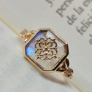 Labradorite Hexagon Ring | Gold Plated Silver, Blue Flash Stone, Minimalist Ethereal Jewelry