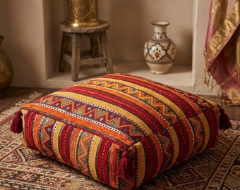 Puf chelhaoui, estilo turco, cojín de suelo de lana bereber tejido a mano, otomana estilo amazigh, decoración bohemia para el hogar, taburete plano tejido