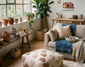 2 Set of Handmade Heart Wool Pouf, Moroccan Tufted Floor Pillow Boho cream Footstool ,  Unstuffed Nursery Decor