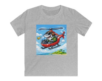 Camiseta de helicóptero con piloto de tiburón, camiseta gráfica de perro volando de dibujos animados, camiseta de aventuras para niños