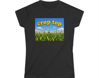 Camiseta corta con estampado de campo de maíz / Texto amarillo retro, gráfico de granja veraniega