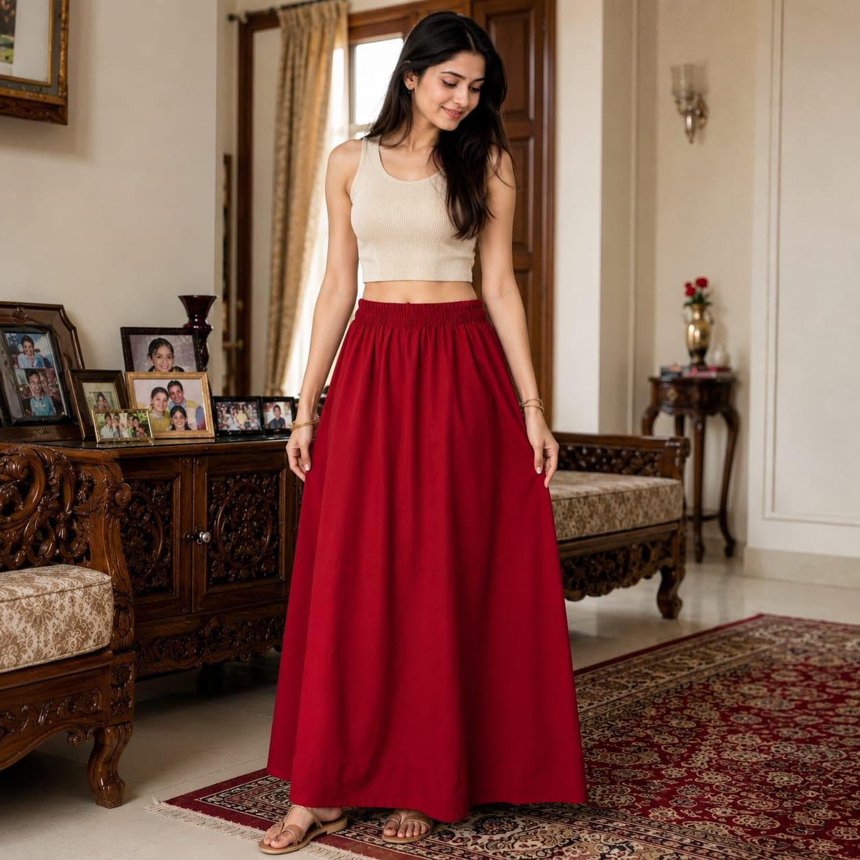 Red Linen Maxi Skirt Women, Natural Cotton Long "Skirt", Elastic Waist Summer