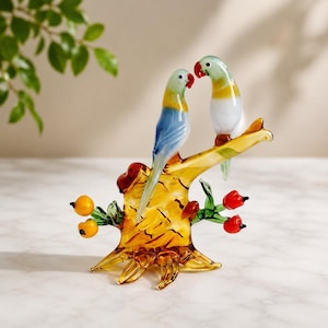 Handmade Blown Glass Love Birds Figurine | Romantic Couple Parrot Sculpture