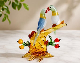 Handmade Blown Glass Love Birds Figurine | Romantic Couple Parrot Sculpture