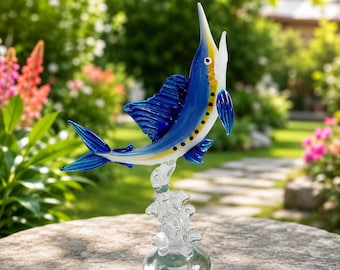 Handmade Blown Glass Swordfish Sculpture, Miniature Ocean Animal Art, Nautical Decor