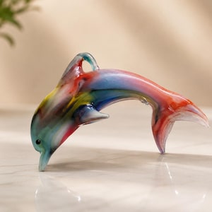 Handmade Blown Glass Dolphin Ornament, Colorful Sea Animal Figurine, Ocean Decor Suncatcher