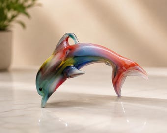 Handmade Blown Glass Dolphin Ornament, Colorful Sea Animal Figurine, Ocean Decor Suncatcher