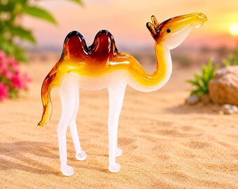 Handmade Blown Glass Camel Figurine, Amber Desert Animal Sculpture, Miniature Art Glass Decor