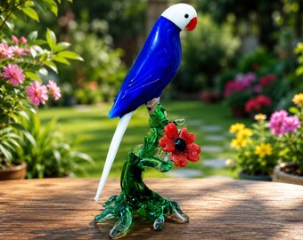 Handmade Blue Parrot Glass Figurine, Borosilicate Bird Sculpture, Miniature Parakeet Flower Decor