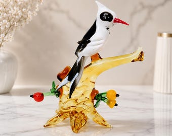 Hand Blown Glass Bird Figurine Branch, Black White Red Bird Sculpture, Miniature Animal Decor