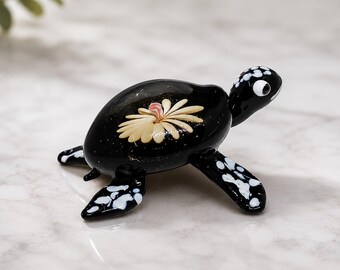 Handmade Glass Turtle Figurine, Black and White Daisy Shell, Ocean Animal Decor