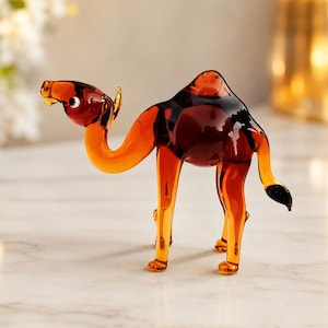 Handmade Blown Glass Camel Figurine, Amber Desert Animal Sculpture, Miniature Art Glass Decor
