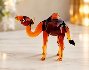 Handmade Blown Glass Camel Figurine, Amber Desert Animal Sculpture, Miniature Art Glass Decor