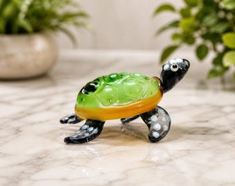 Handmade Glass Turtle Figurine, Black And Green Daisy Shell, Ocean Animal Decor