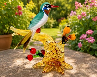 Hand Blown Glass Bird Figurine – Miniature Art Animal on Tree Branch, Colorful Decor