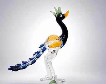 Handmade Blown Glass Peacock Figurine, Colorful Bird Sculpture, Miniature Art Decor