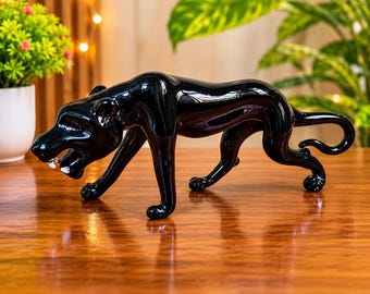 Hand Blown Borosilicate Glass Panther Sculpture, Miniature Wild Cat Art