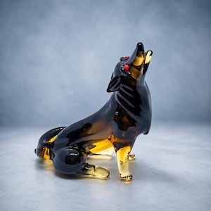 Handmade Blown Glass Wolf Figurine | Howling Animal Sculpture, Amber Tones