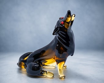 Handmade Blown Glass Wolf Figurine | Howling Animal Sculpture, Amber Tones